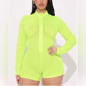 Uptown Mesh Long Sleeve Neon Yellow Zip Front Romper Jumpsuit